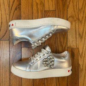 LOVE MOSCHINO Heart Encrusted Silver Leather Sneakers,  size 38